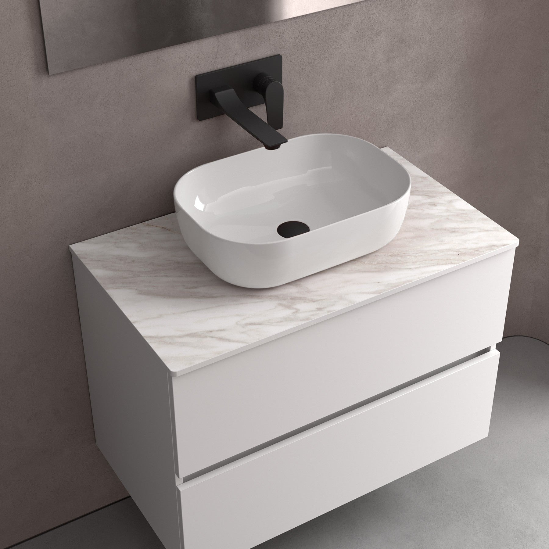 Lavabo de posar CARLA sin sifón ni desagüe clicker PORCELANA BLANCA Ø 360 x 105 mm - BañoClick