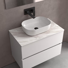 Lavabo de posar CARLA sin sifón ni desagüe clicker PORCELANA BLANCA Ø 360 x 105 mm - BañoClick