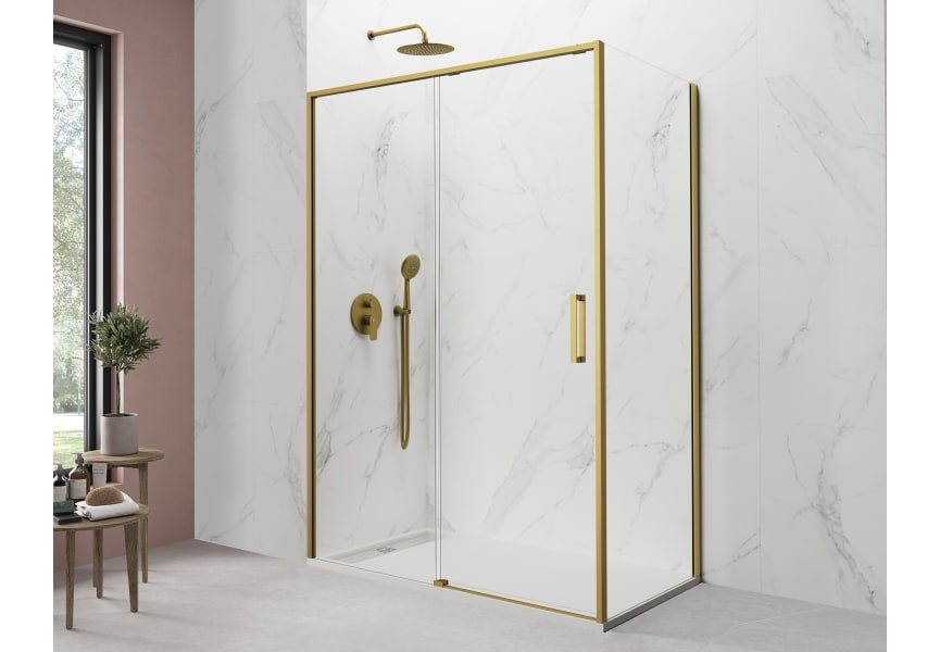 Mampara de Ducha - TWENTY - ORO - 1 FIJO + 1 PUERTA + LATERAL FIJO - BañoClick