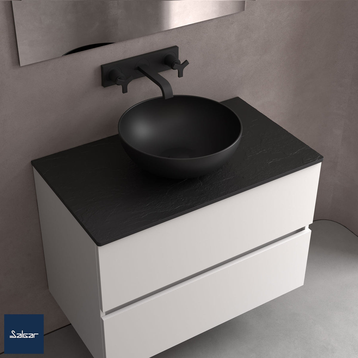 Lavabo de posar LOKUM porcelana negra mate sin sifón ni desagüe clicker Ø 380 x 140 mm - BañoClick