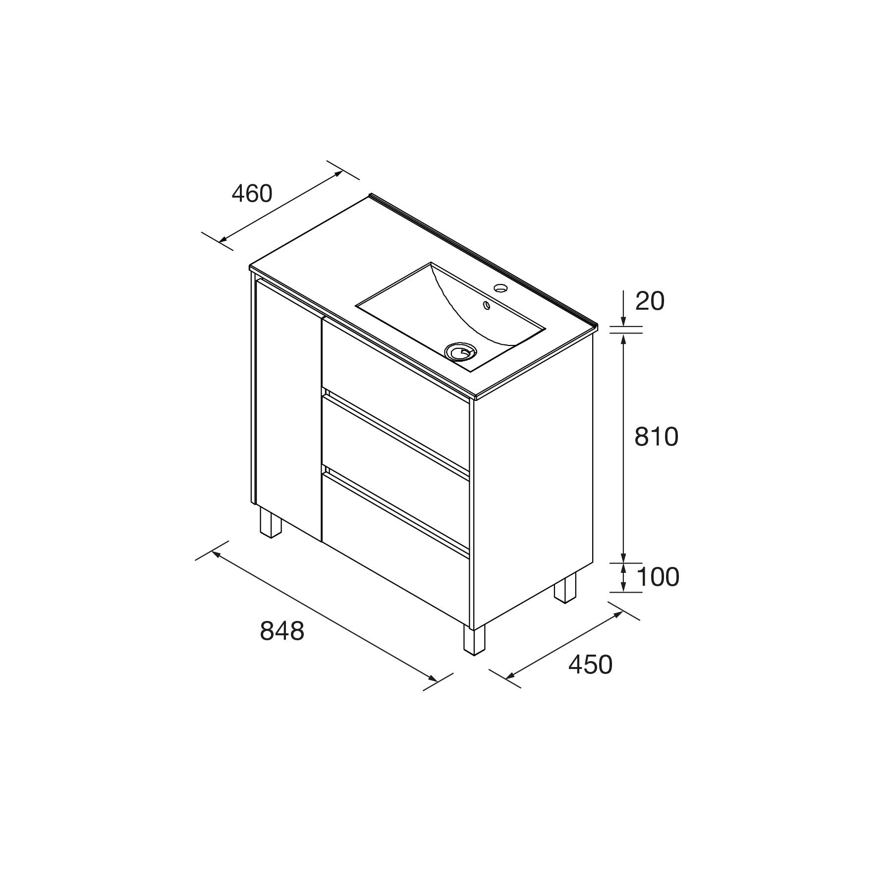 Mueble de baño NOJA 850 3 cajones y 1 puerta izquierda - BañoClick